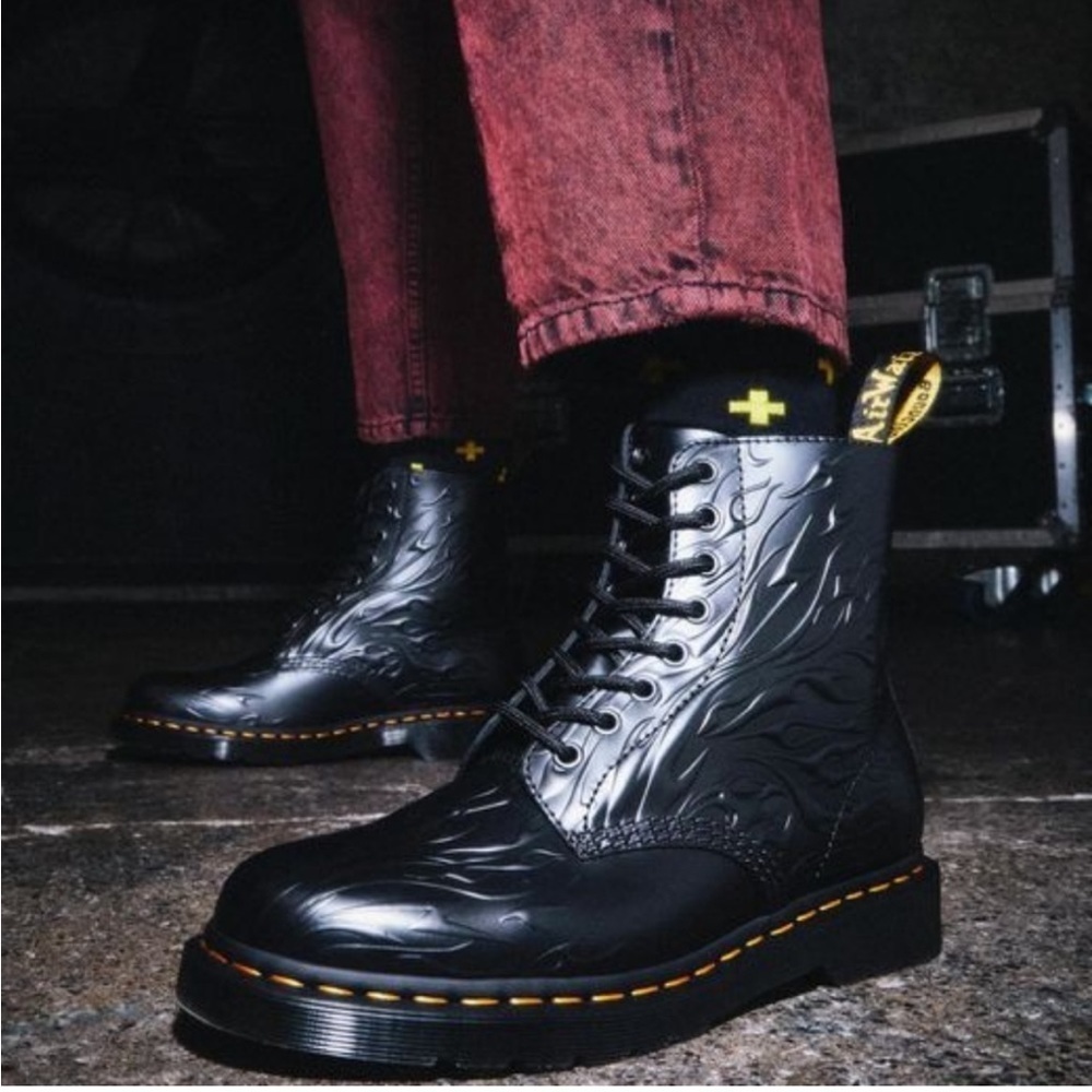 Dr. Marten 1460 Flames Emboss Leather Lace Up Boots Black Flame Polished Smooth